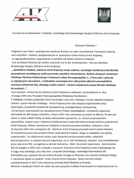 List otwarty kombatantów i członków  brzeskiego koła Światowego Związku Żołnierzy Armii Krajowej